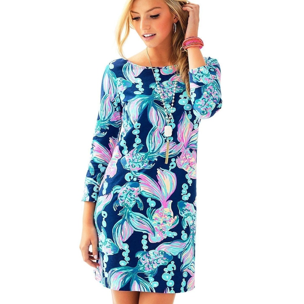 Lilly Pulitzer Marlowe Dress S Going Coastal Blue Koi Fish Tropical Preppy Sea